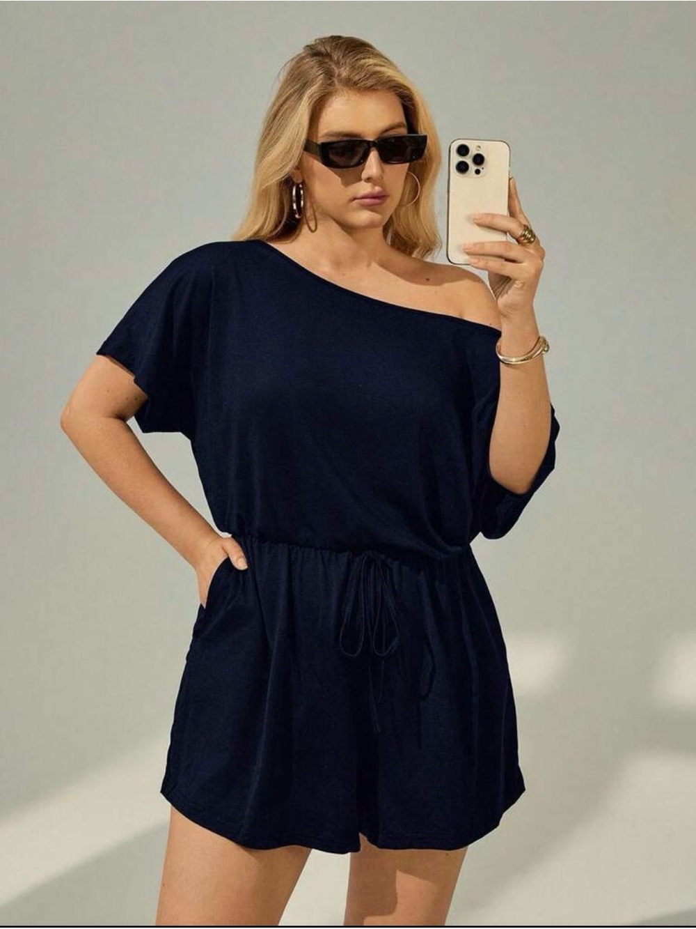 One-Shoulder Drawstring Romper in Navy